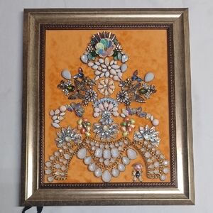 Framed Upcycled Jewel Art on Orange Velvet